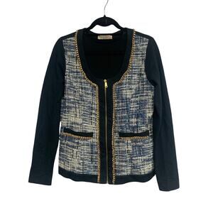 Boston Proper Sport Chain Trim Tweed Knit Jacket Navy Blue Gold Zip Medium